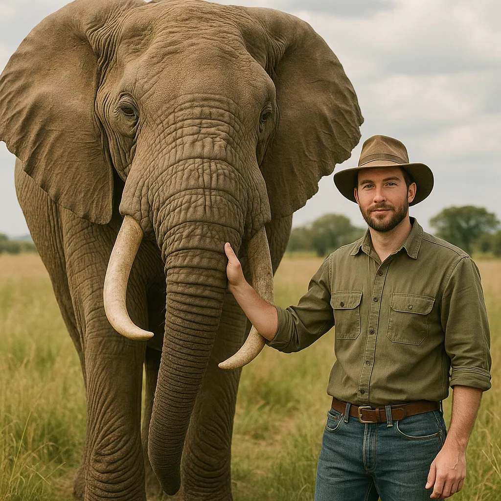Man Positioned Next to a Massive Elephant
