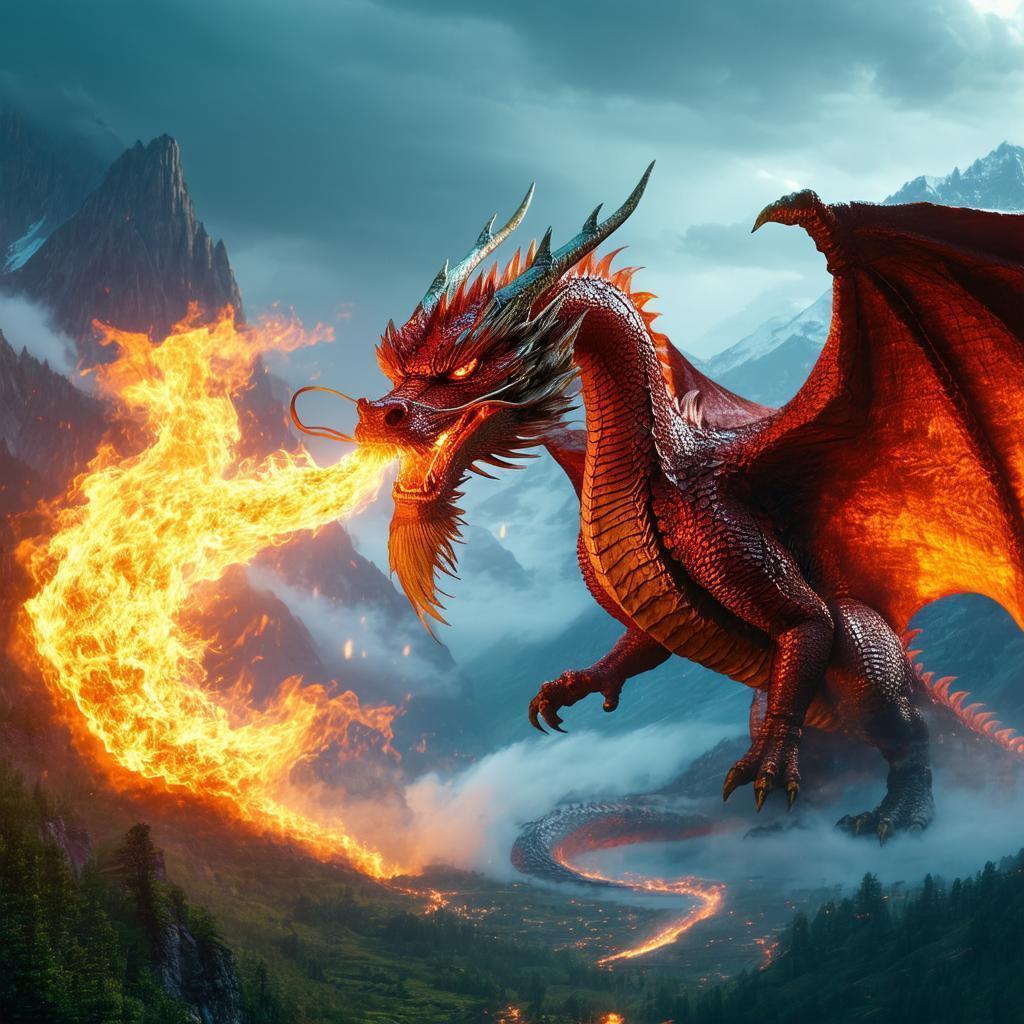 Fire Breathing Dragon Over Epic Mountain Peaks