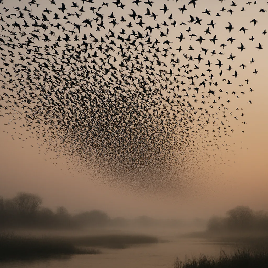 Massive Flock of Countless Silhouetted Birds Erupts from a Tranquil