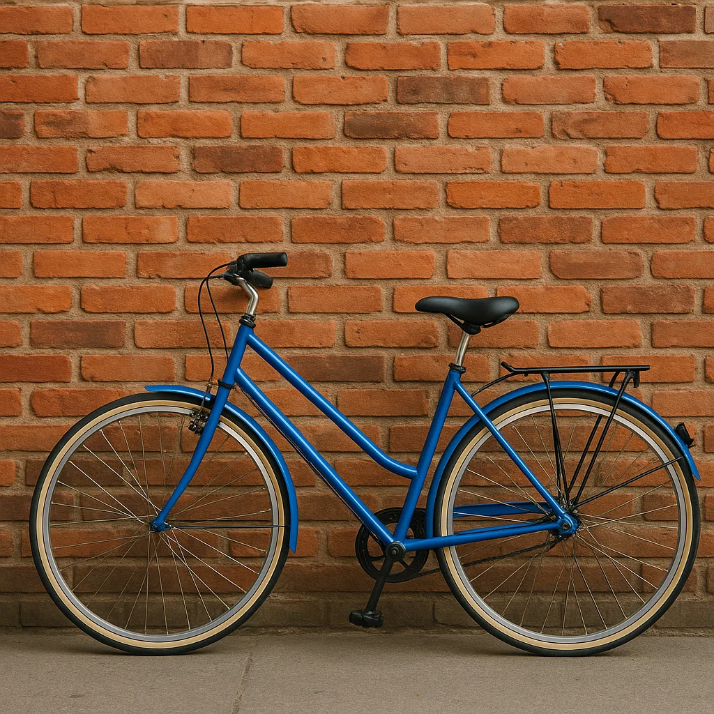 Bicycle Colored Blue Resting Against a Wall Made of Bricks
