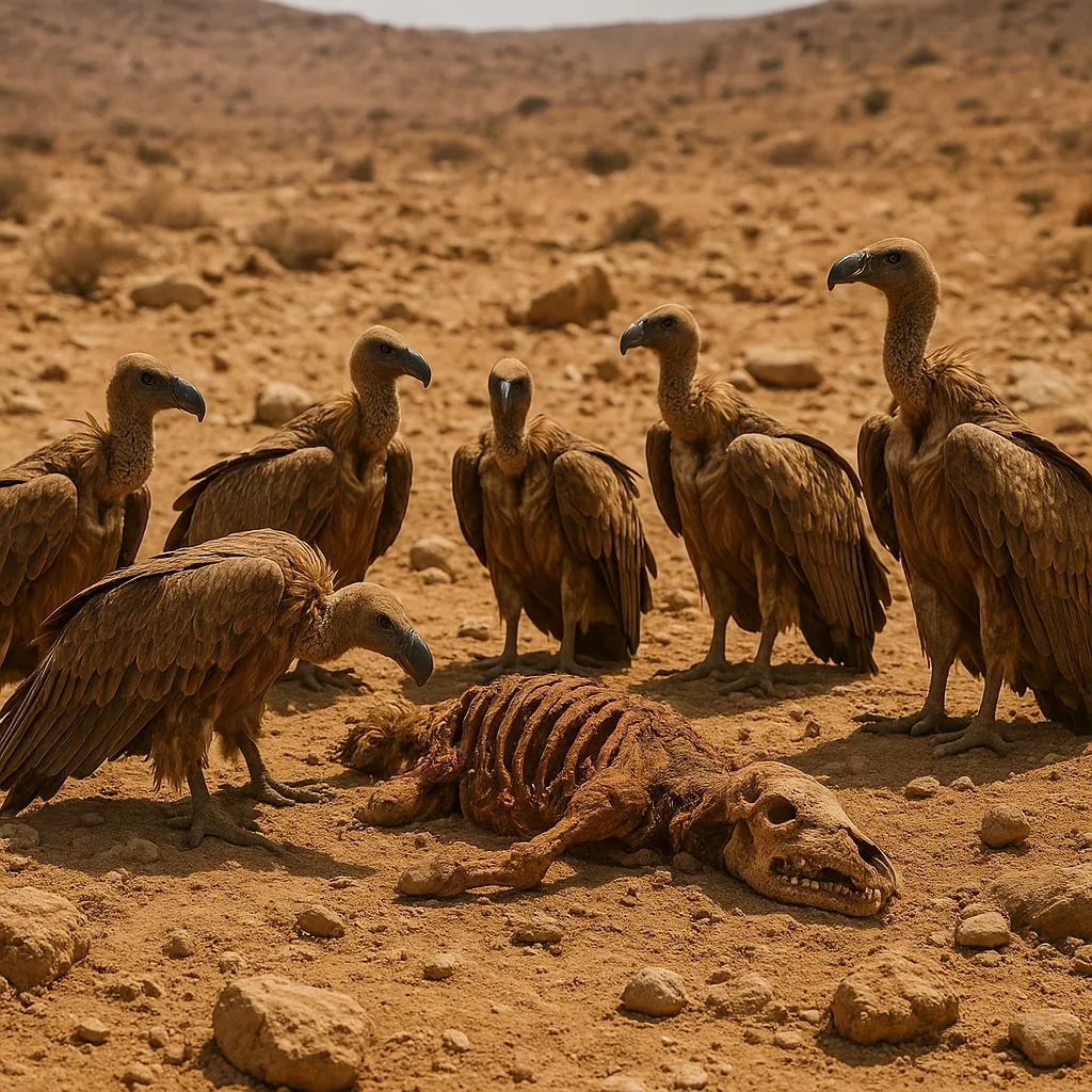 Group of Vultures Surrounding a Carcass in a Dry Environment