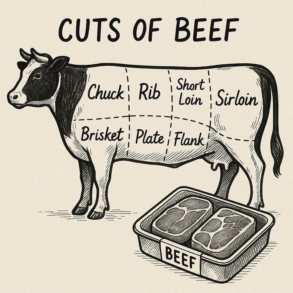 Labeled Diagram of a Cow Illustrating Cuts of Beef