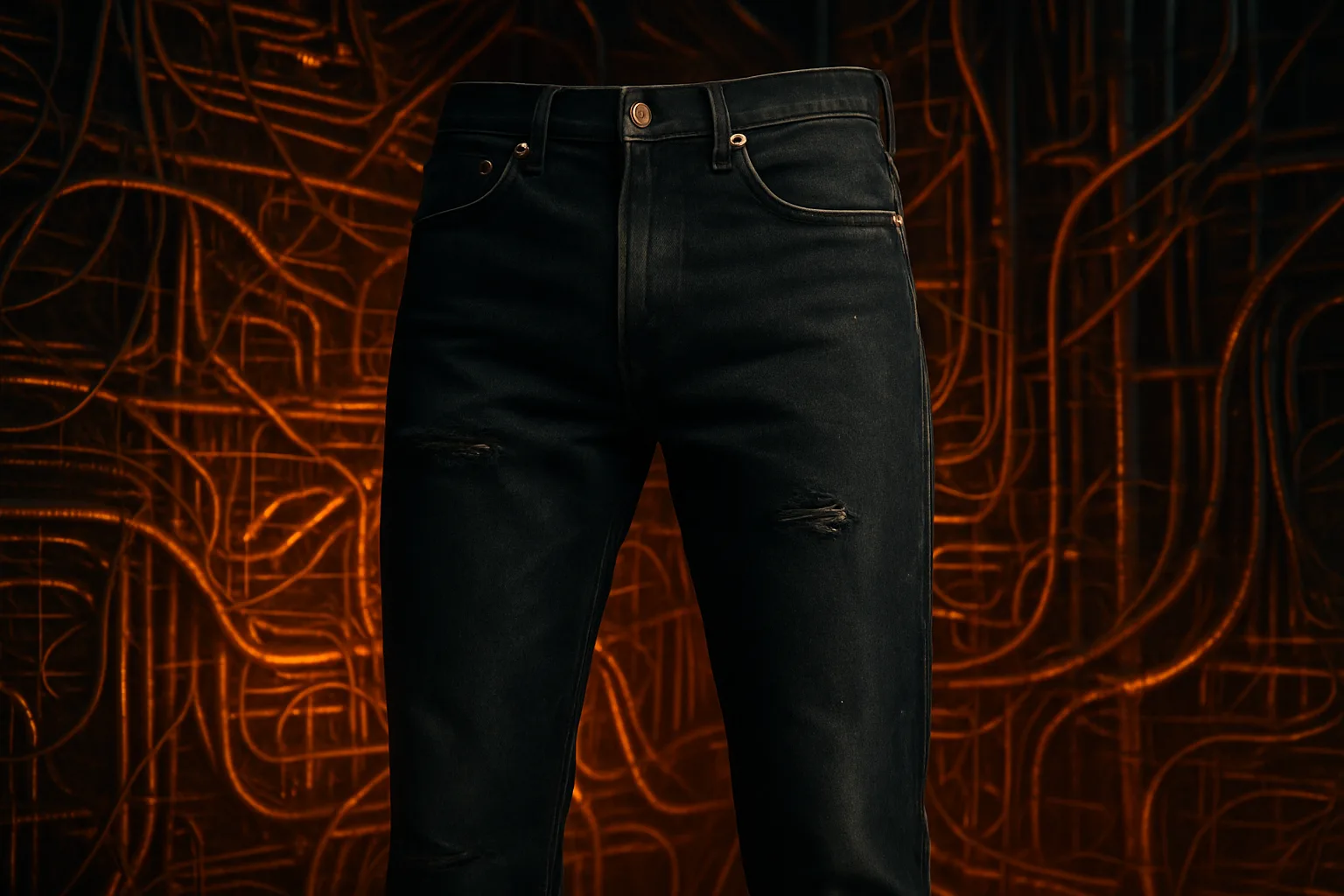 Glinting Metal Rivets on a Single Pair of Straight-leg