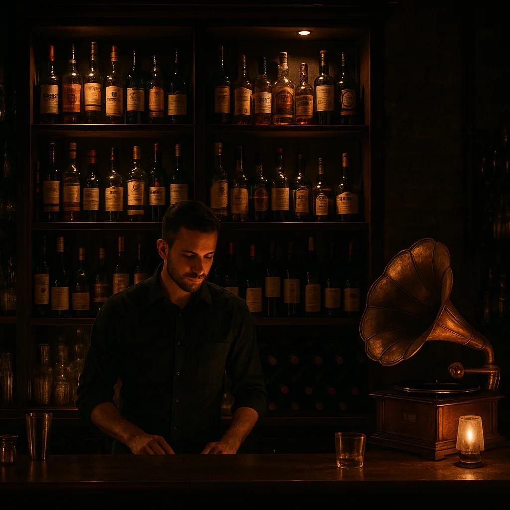 Dimly Lit Bar with Shelves of Liquor Bottles and Wine