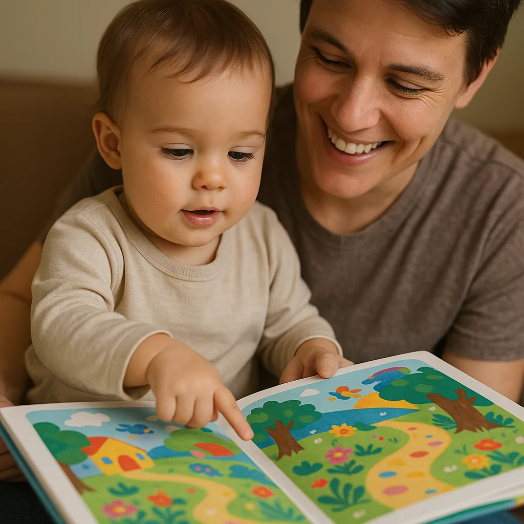 Young Child Gestures Excitedly Toward Vibrant Pictures in a Storybook