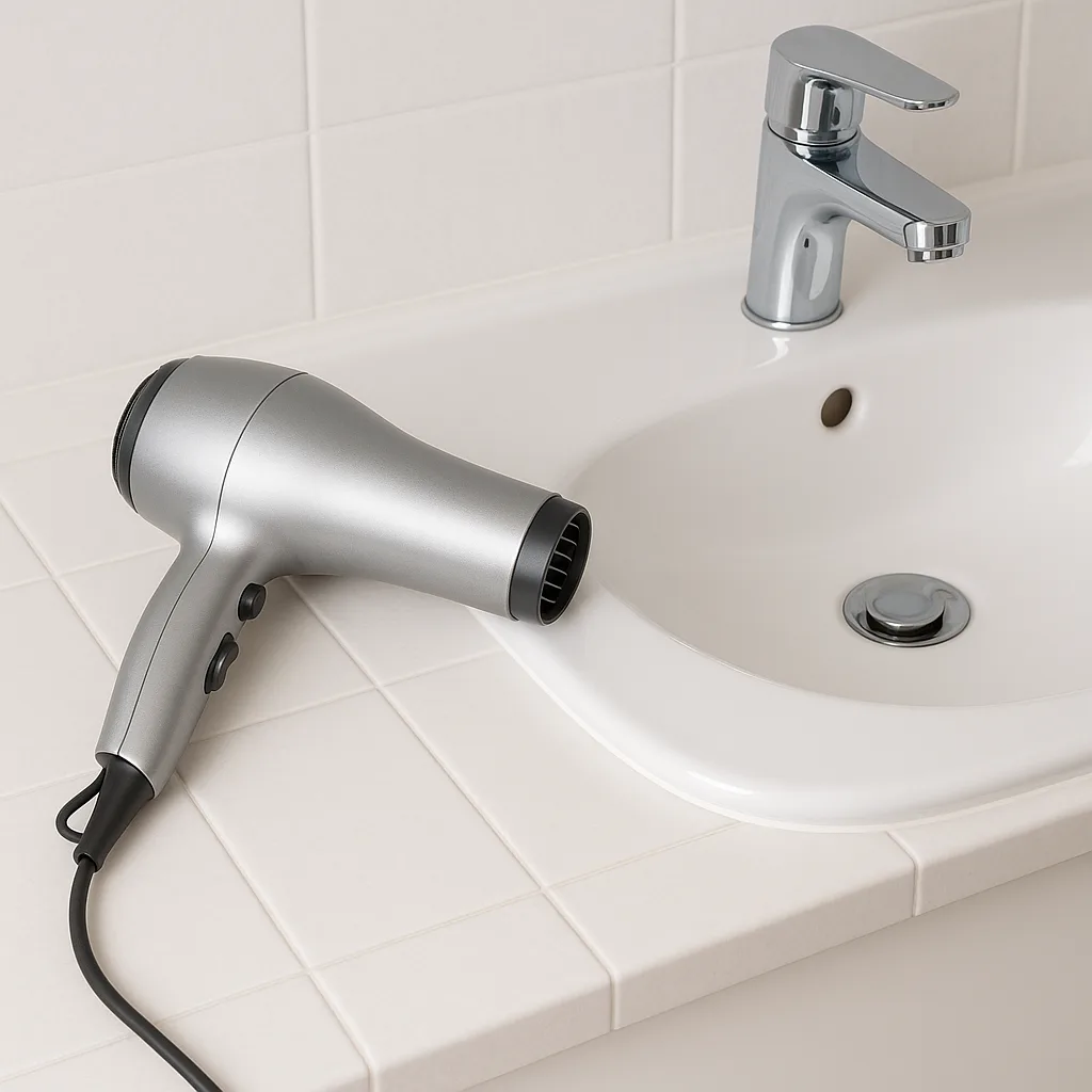 White Bathroom Sink with a Silver Hairdryer