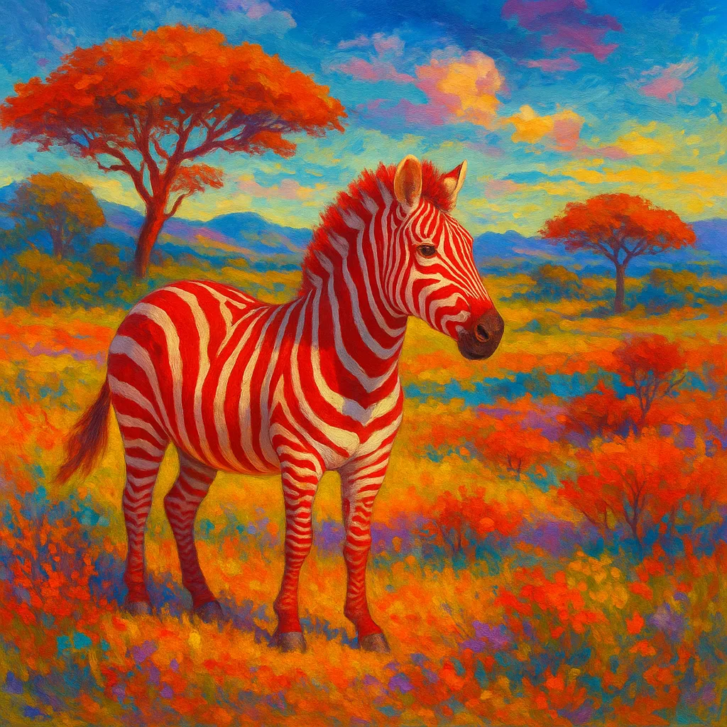 Zebra with Crimson Stripes Standing in a Colorful