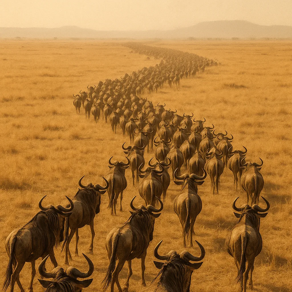 Seemingly Endless River of Countless Wildebeest Flows Across a Vast
