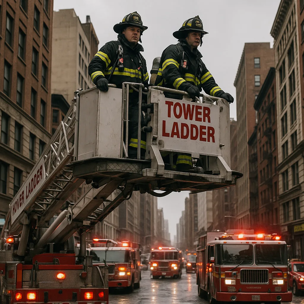 Firefighters on a Tower Ladder Responding to an Emergency