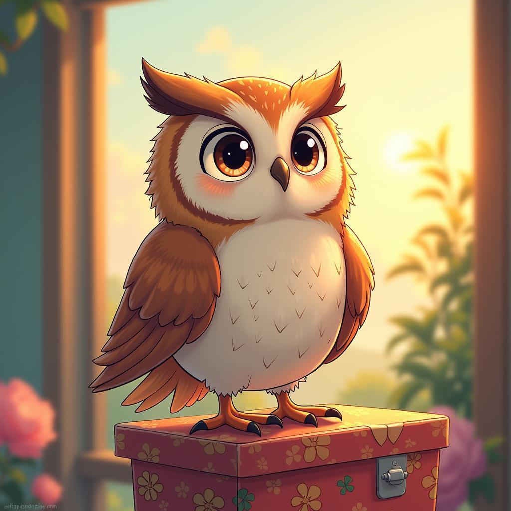 Cute Manga Owl Perched on a Colorful Box