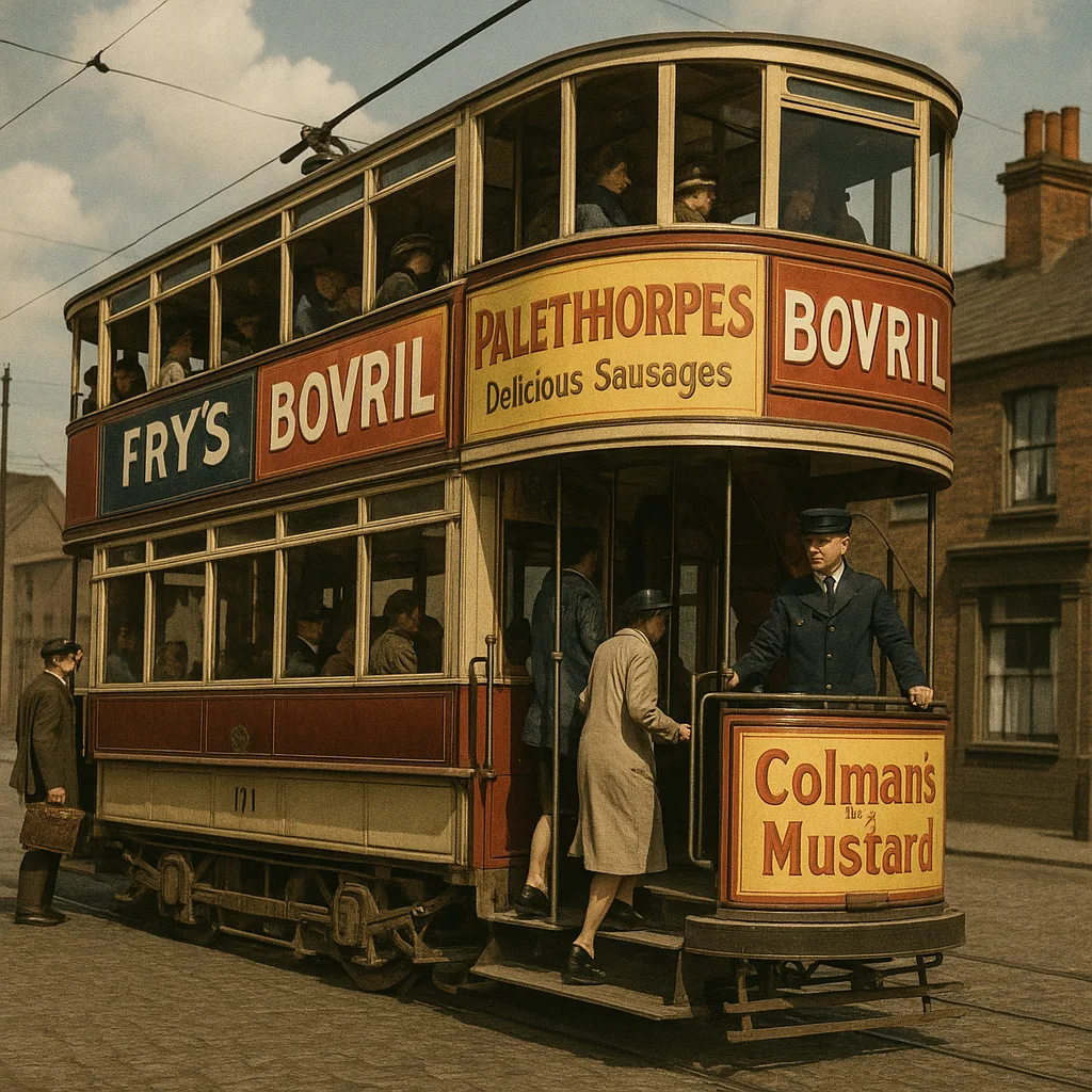 Vintage Double-decker Tram with Colorful Advertisements