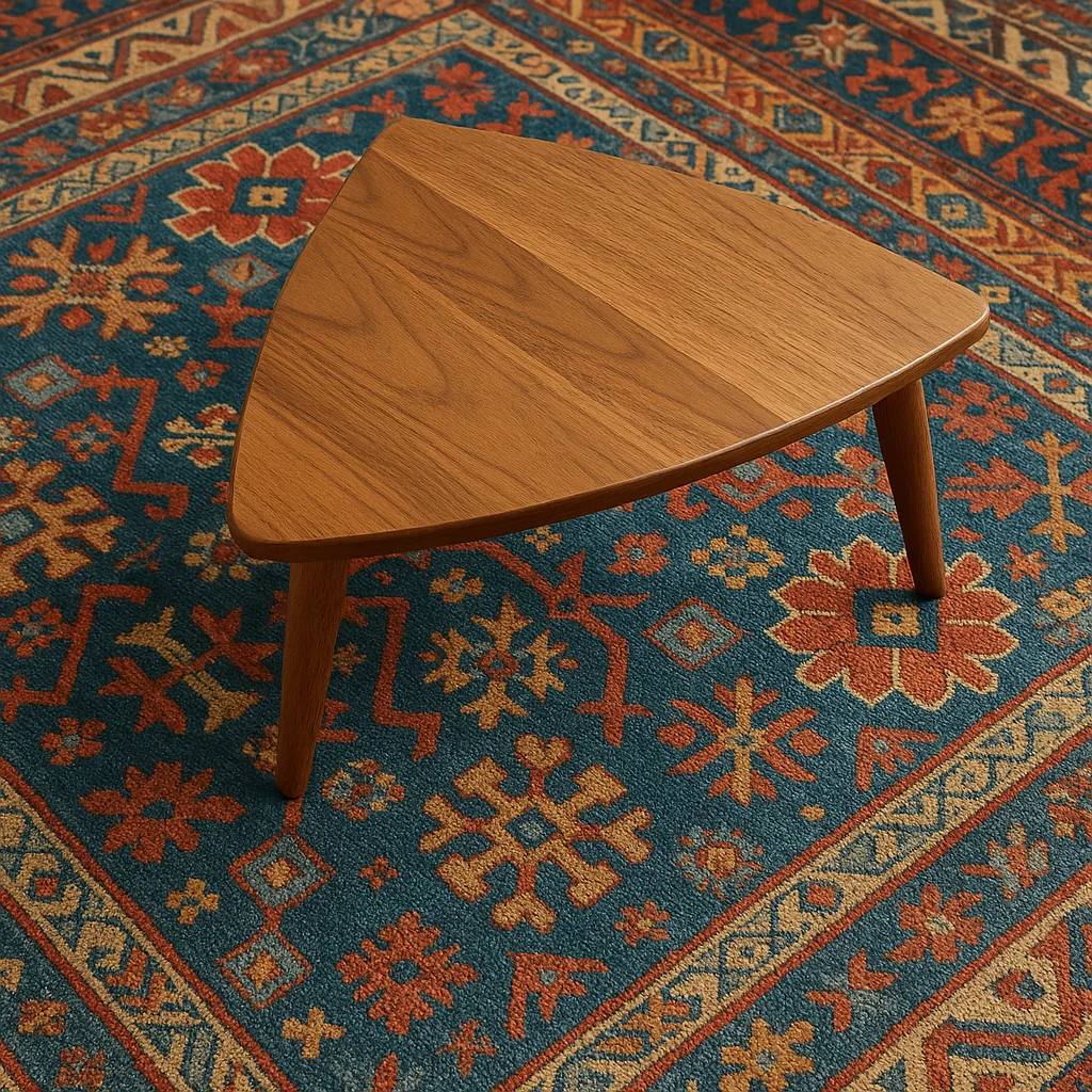 Coffee Table with a Triangular Wooden Design Alongside a Rug
