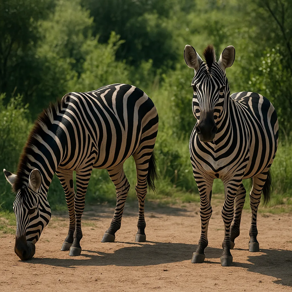 Two Zebras Standing on Dry Ground Surrounded by Greenery