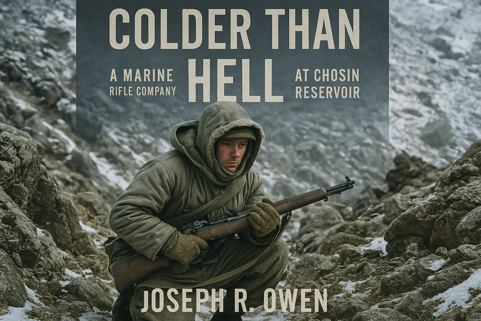 Soldier in Winter Gear Crouching Amidst Rocky Terrain