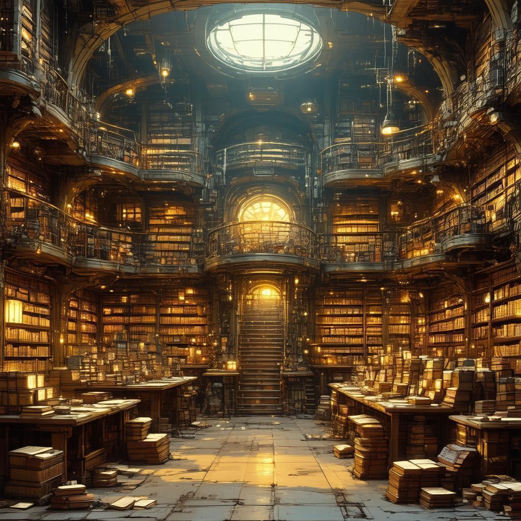 Cozy Post Apocalyptic Library in Golden Anime Light