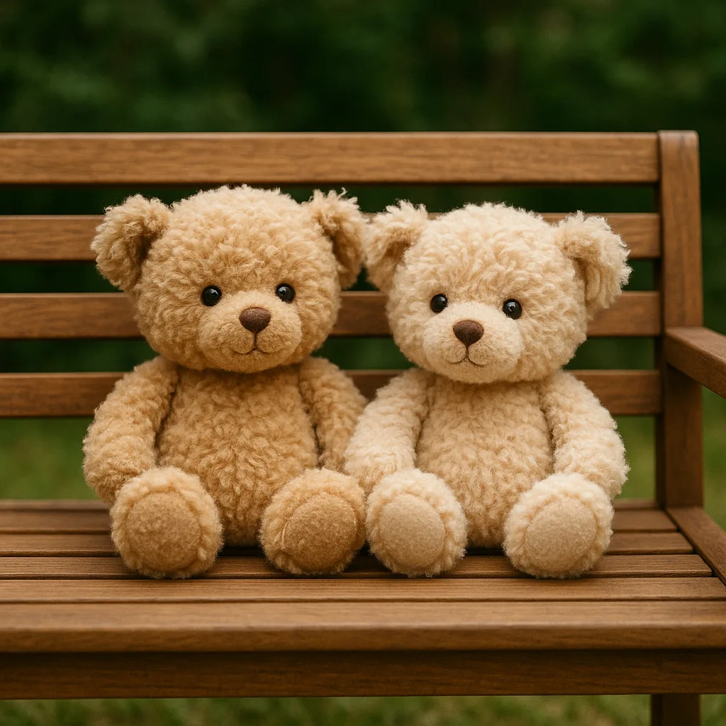 Wooden Bench with Two Plush Teddy Bears Seated on It