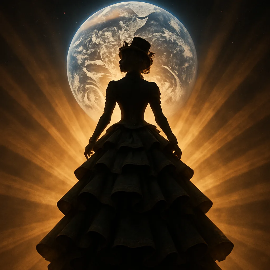 Cascading Steampunk Overskirt Forms a Central Silhouette