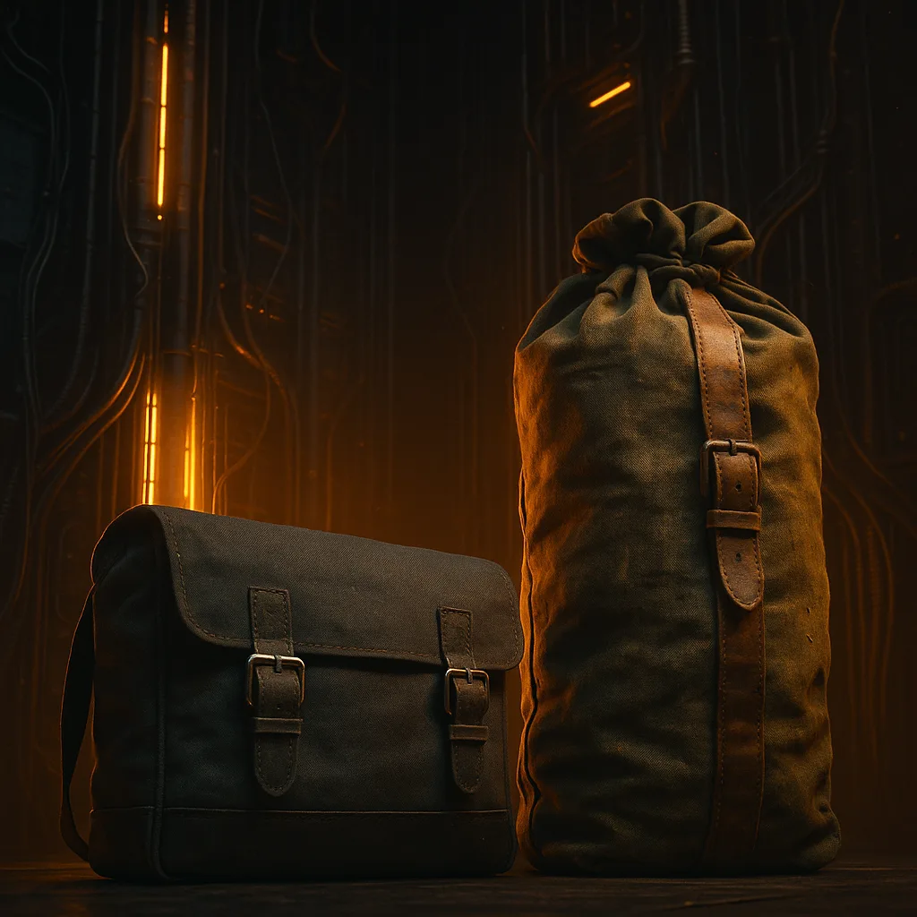 Two Distinct Mailbags—the First a Charcoal Grey Canvas Rectangular Messenger