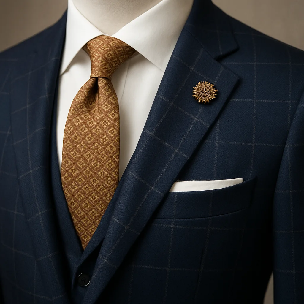 Navy Checkered Suit Jacket Paired with a White Shirt