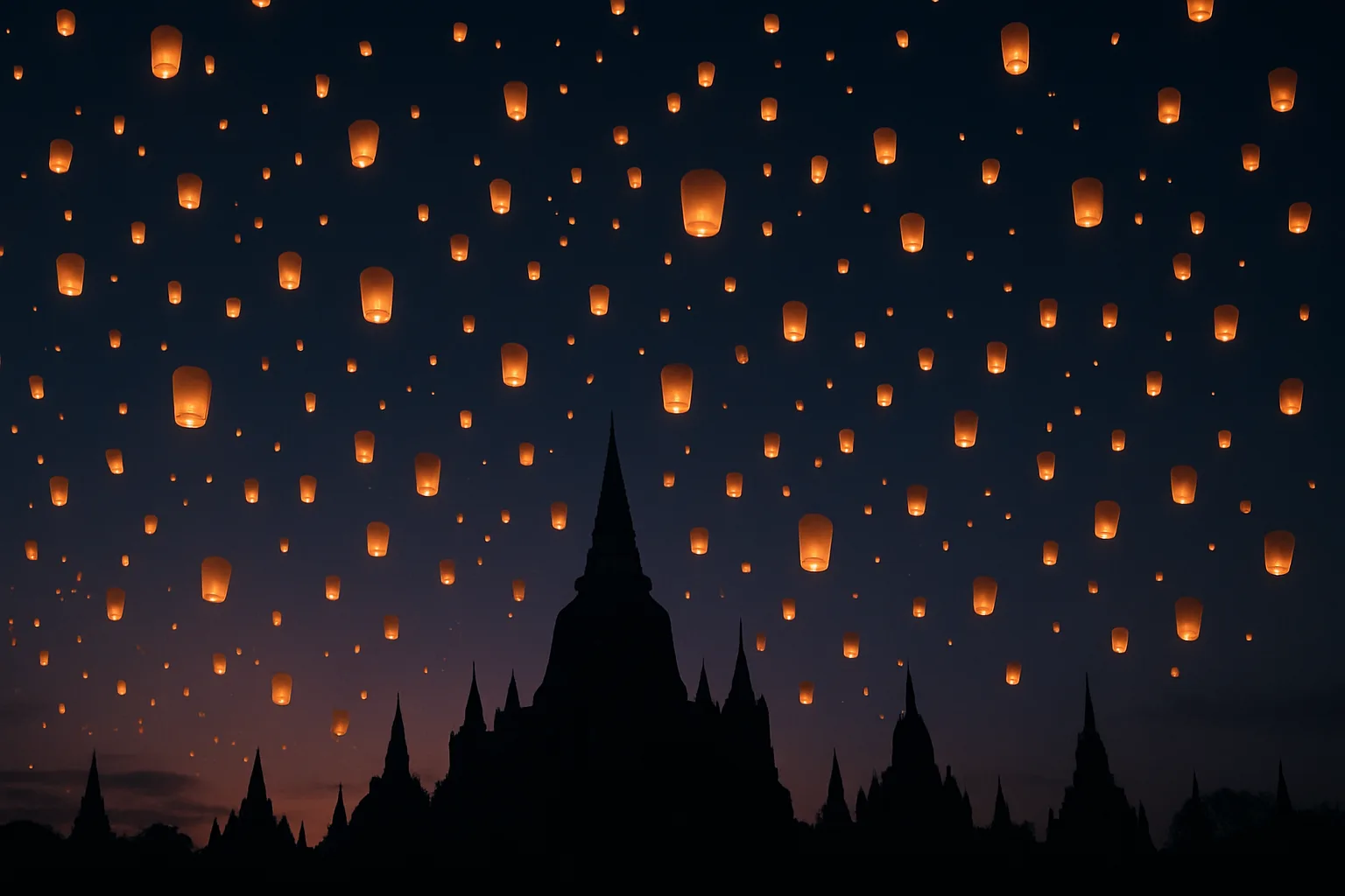 Procession of Countless Glowing Lanterns Drifts Slowly Upwards