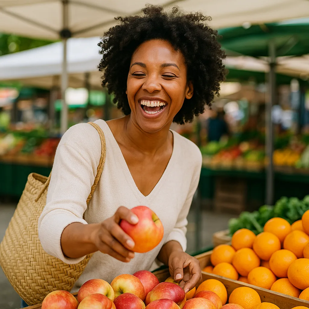 Woman Laughs Cheerfully While Selecting Fruit from a Display