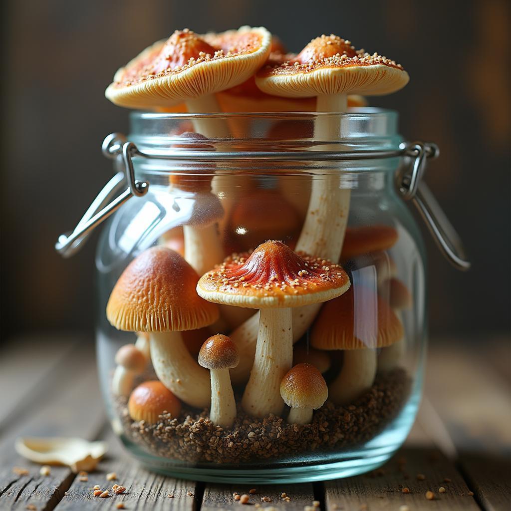Glass Jar Brimming With Assorted Wild Mushrooms