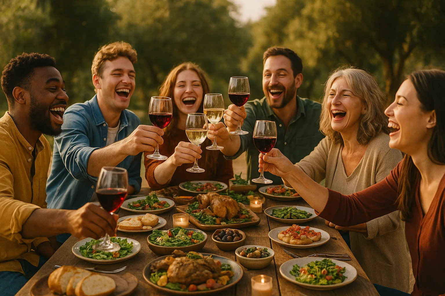 Cheerful Group Seated Around a Lengthy Wooden Table