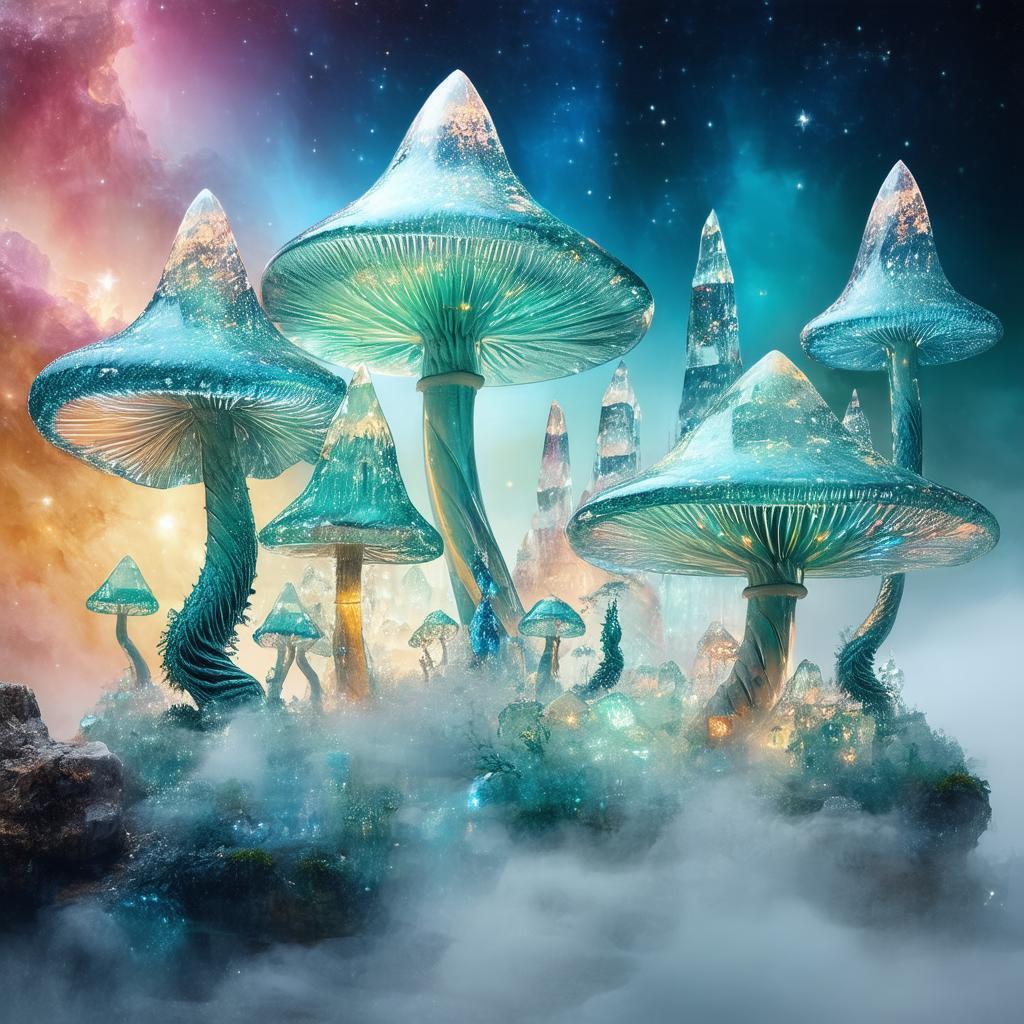 Glass Mushrooms and Crystal Mountains Under Nebula Skies