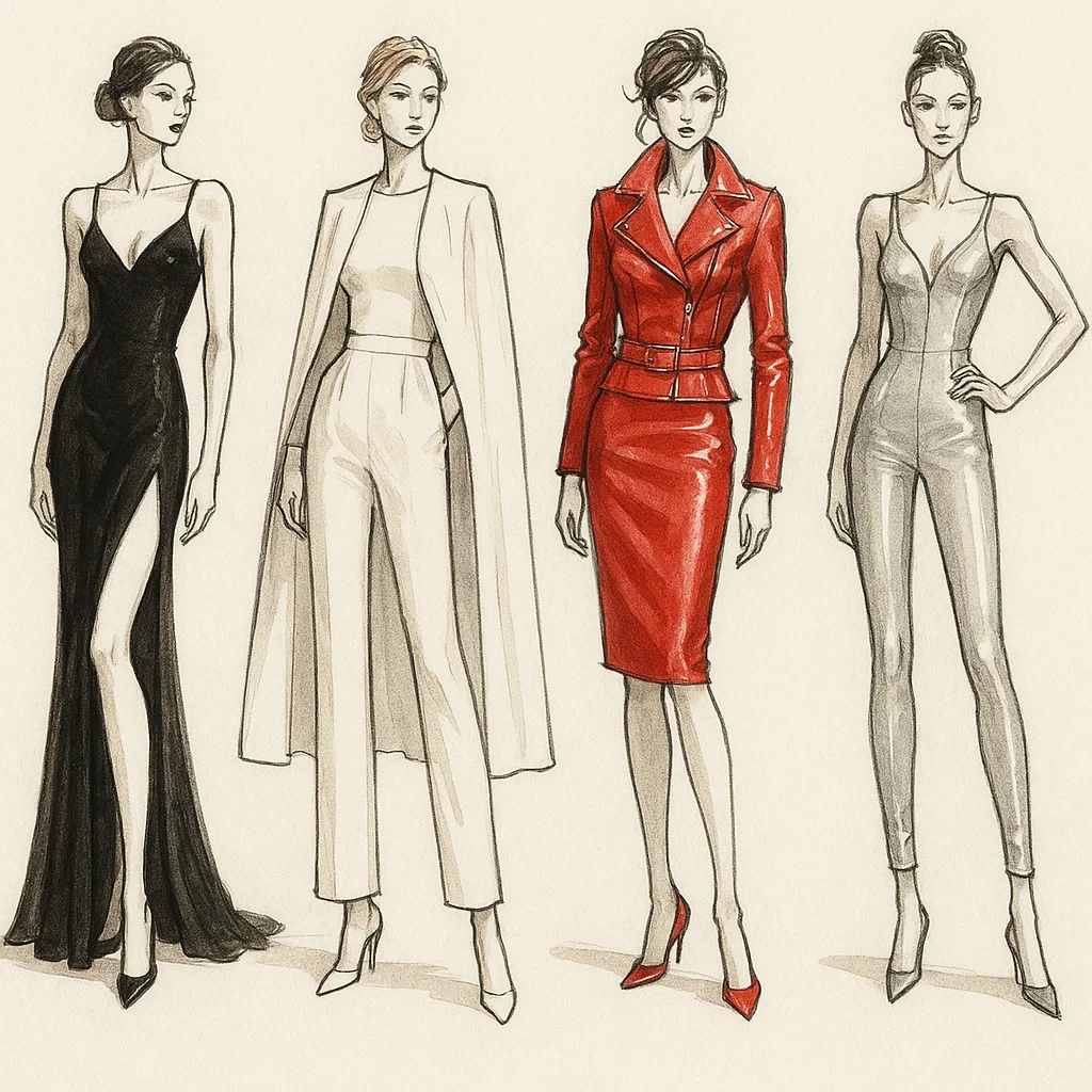 Four Fashion Sketches of Elegant Female Outfits