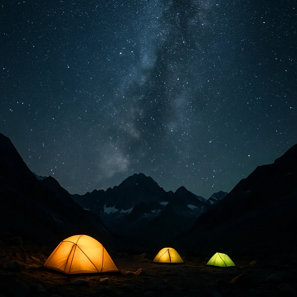 Few Small Tents Glow Faintly at a Remote Mountain Base