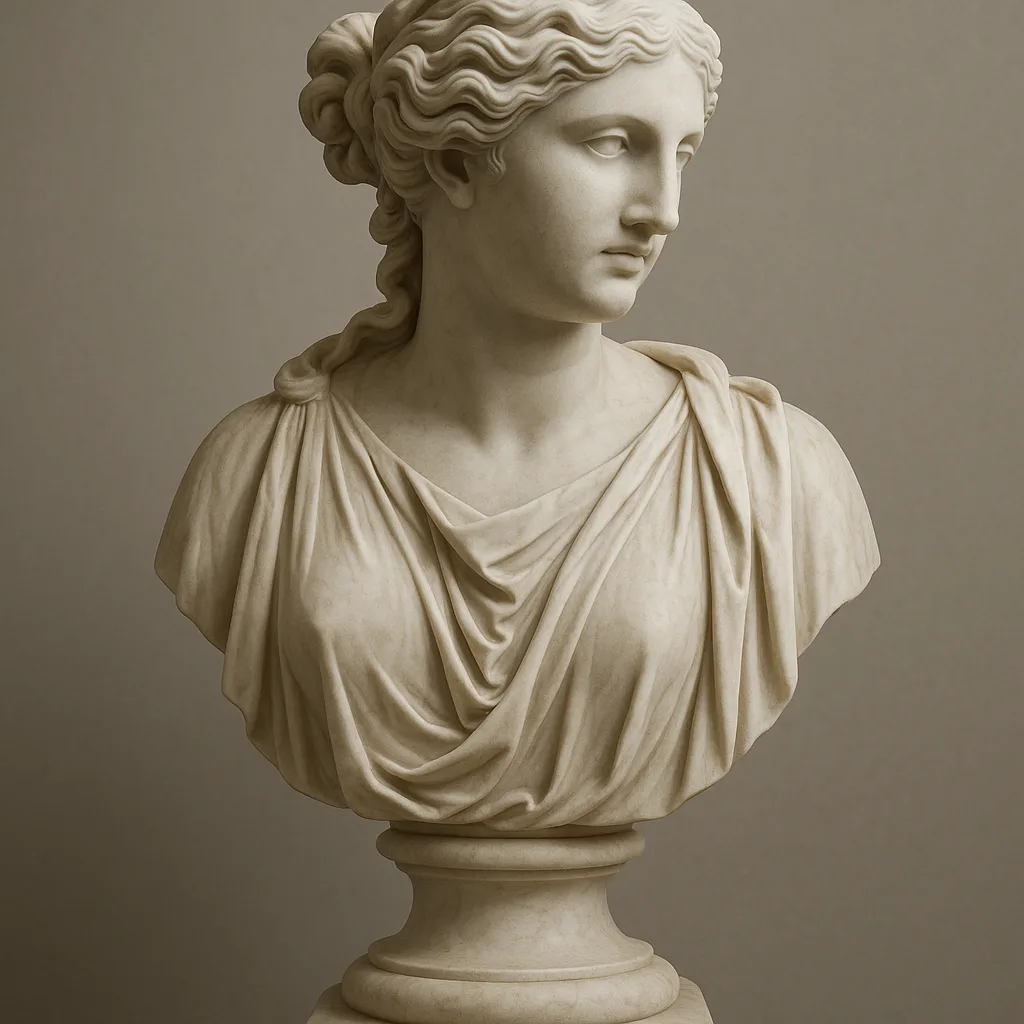 Marble Bust Sculpture Featuring Flowing Drapery and Intricate Hair Details