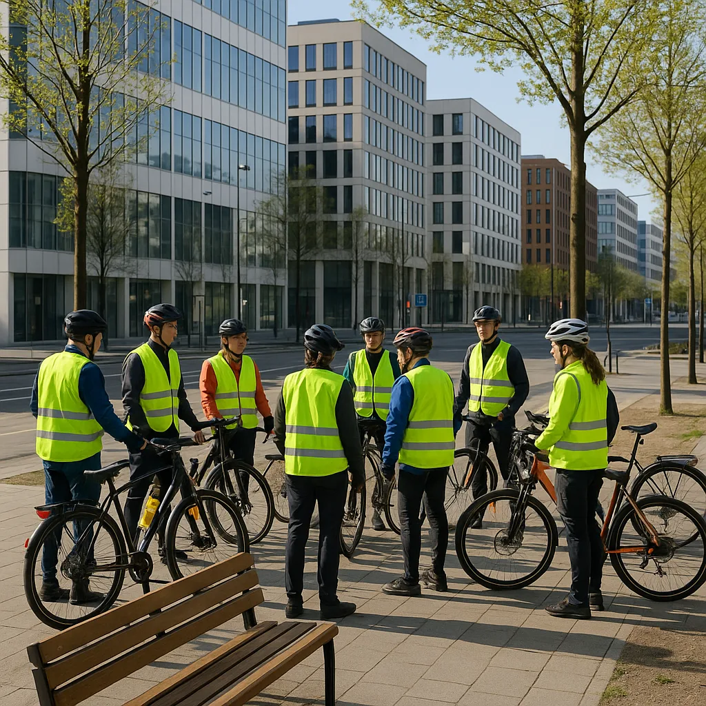 Group of Cyclists Wearing Reflective Vests Gather near Benches