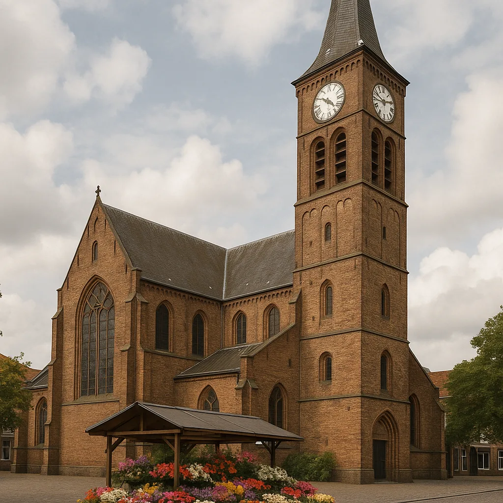 Historic Brick Church with a Tall Clock Tower