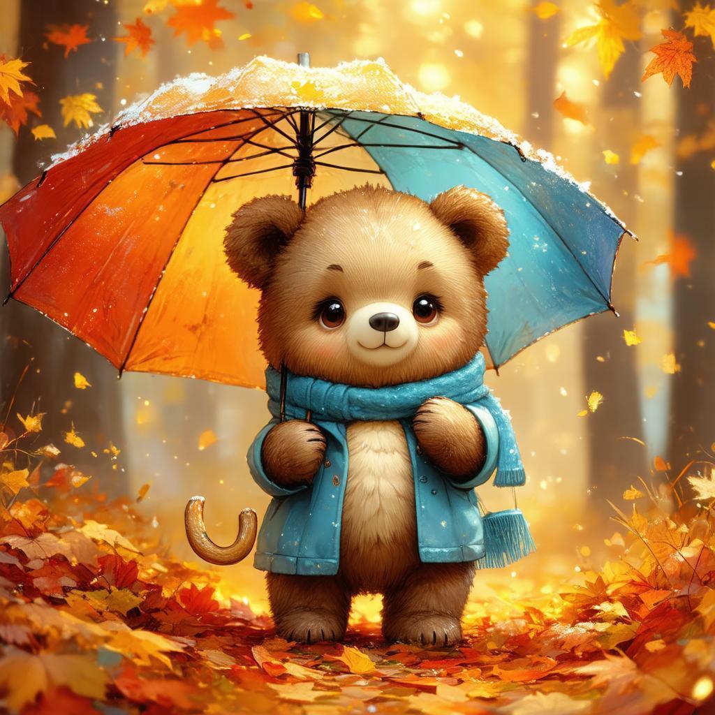 Cute Bear With Umbrella in Autumn Manga Scene