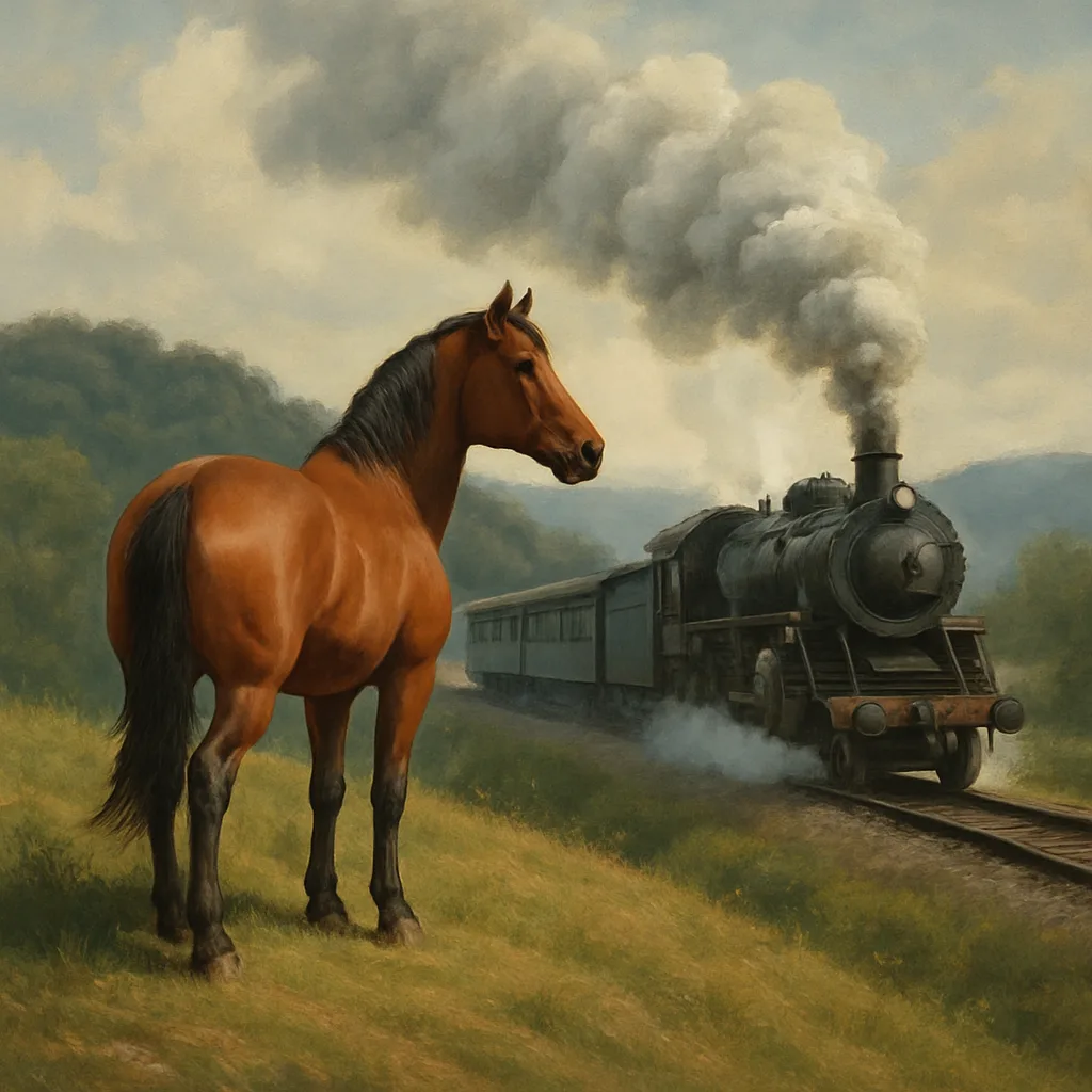 Horse Atop a Hill While a Steam Train Moves