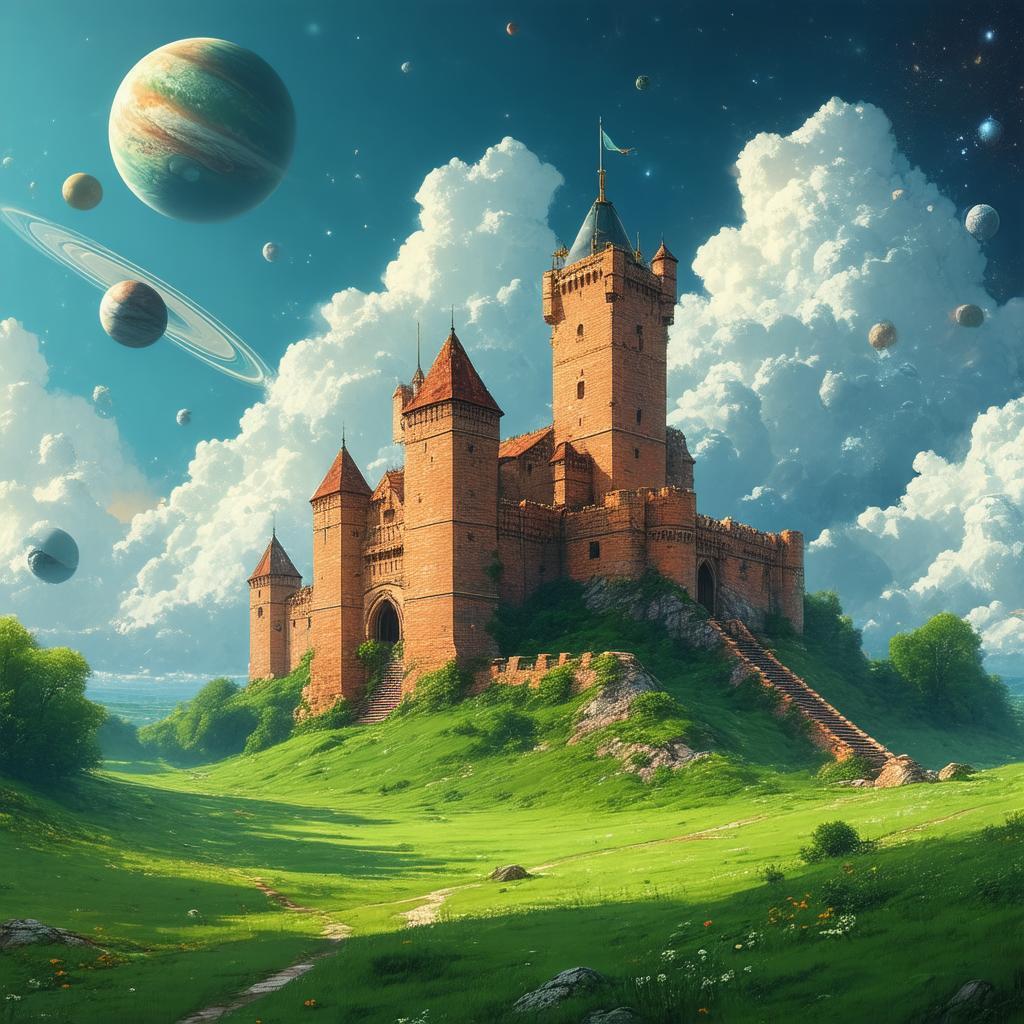 Medieval Brick Castle Ringed by Floating Planets