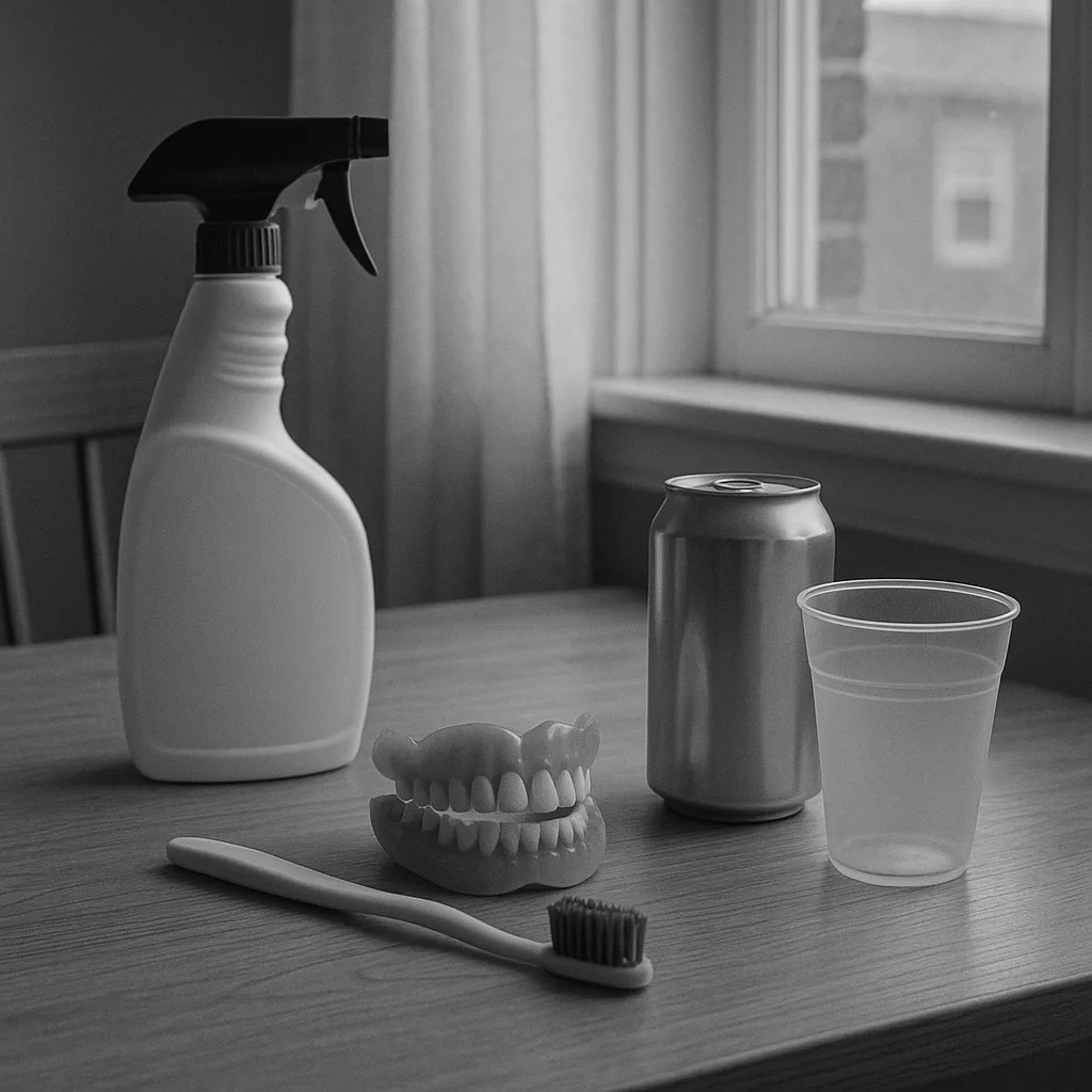 Black-and-white Image of a Table with a Cleaning Spray Bottle