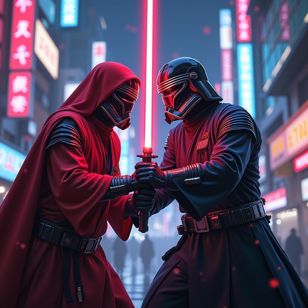 Neonpunk Jedi Duel in Futuristic Tokyo