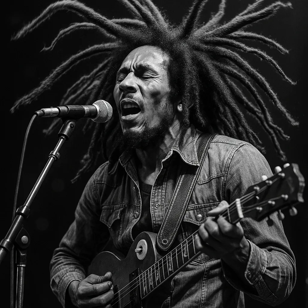 Dynamic Black-and-white Image of Bob Marley Performing on Stage