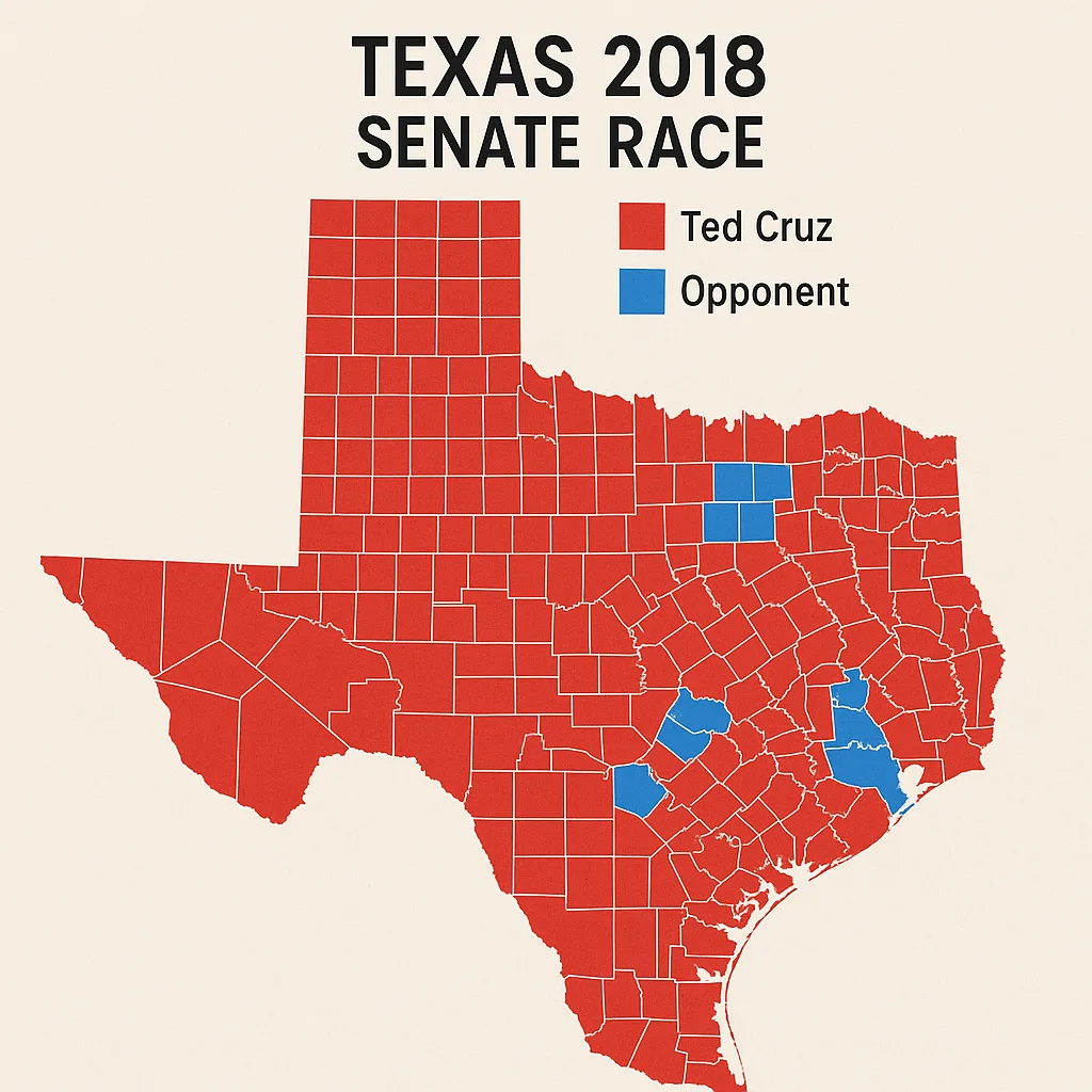 Political Map of Texas Showing Counties Won by Ted Cruz