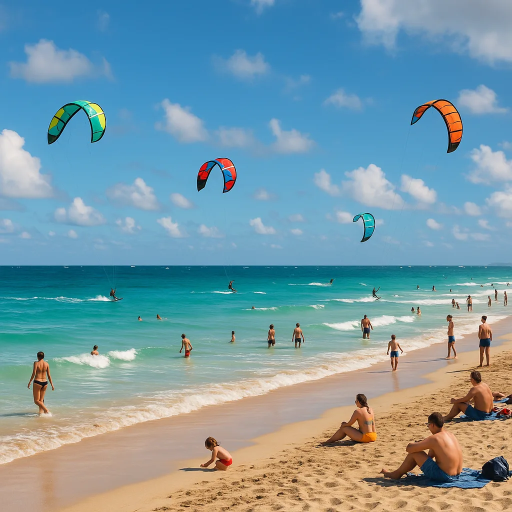 Lively Beach with People Enjoying the Sand and Ocean