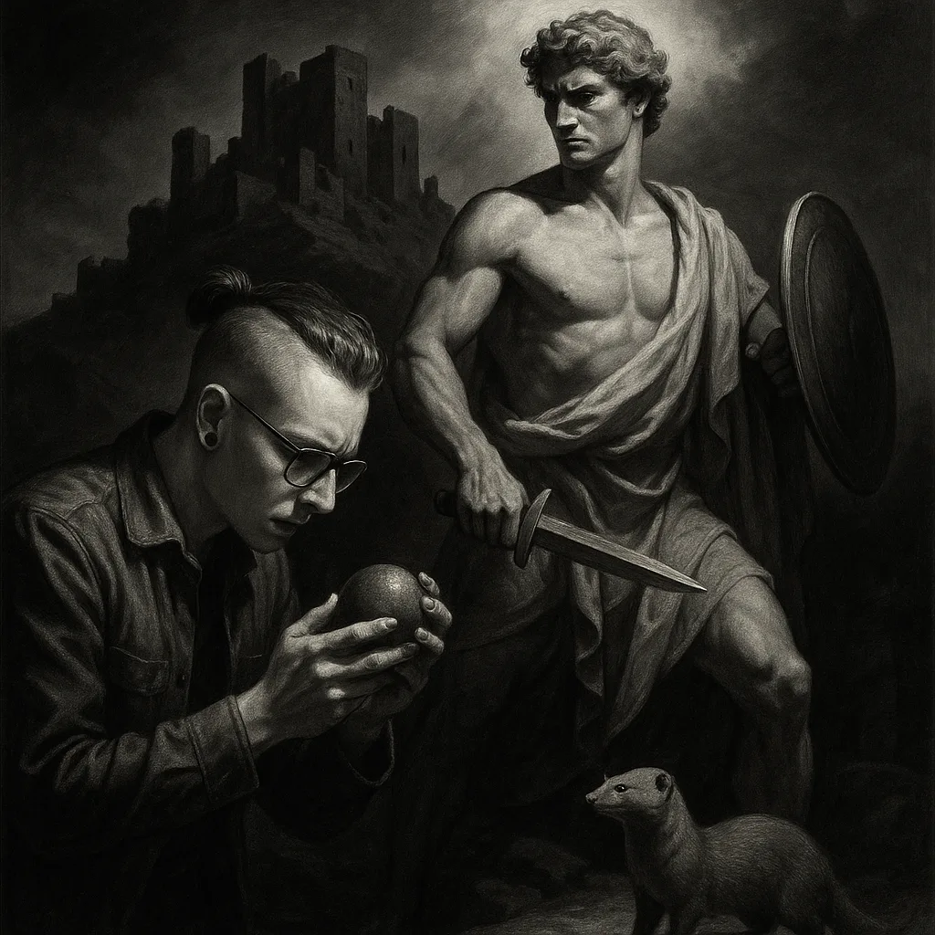 Technologist with an Undercut Intently Examines an Object