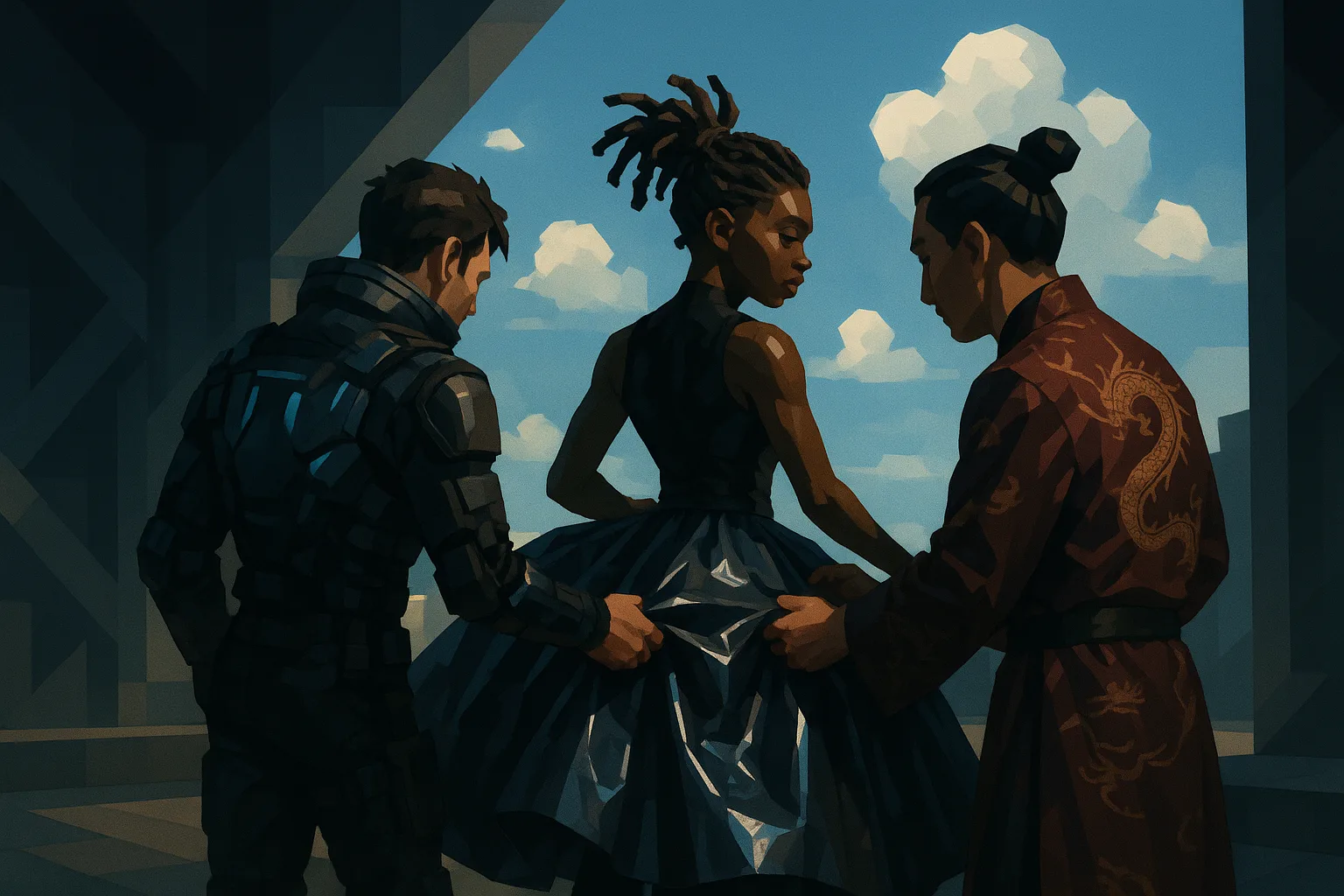 Cyberpunk Figure and Another in Dragon-silk Attire Adjust a Voluminous