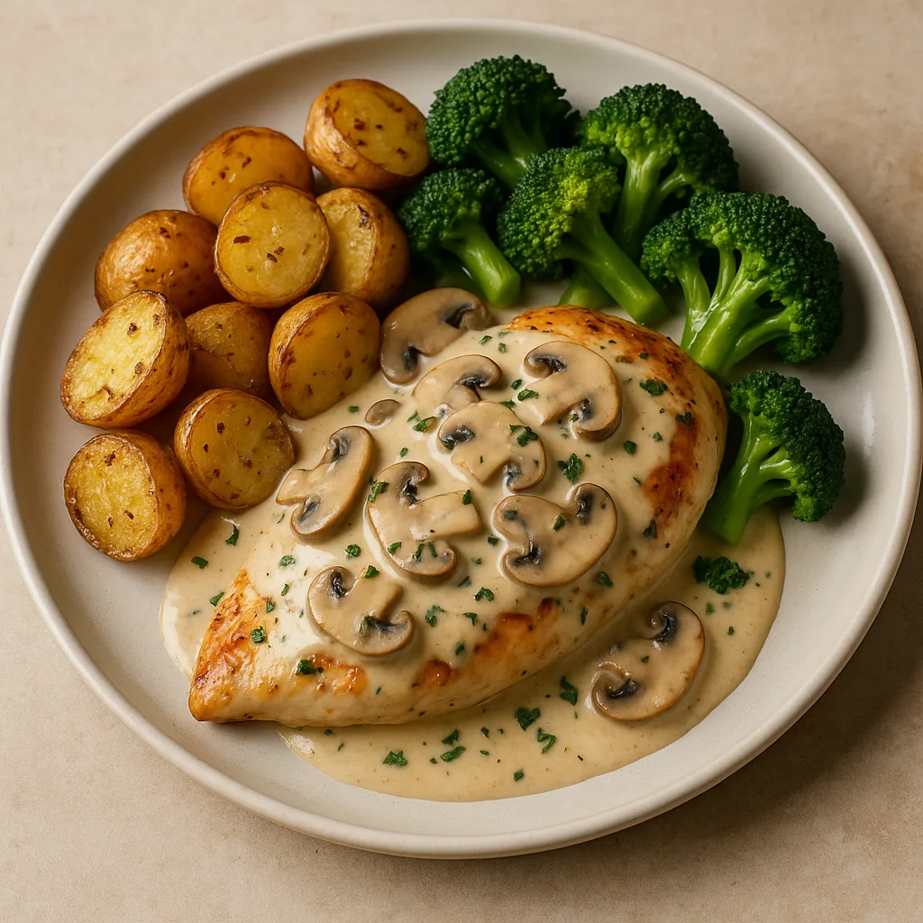 Plated Dish Featuring Chicken in Creamy Mushroom Sauce