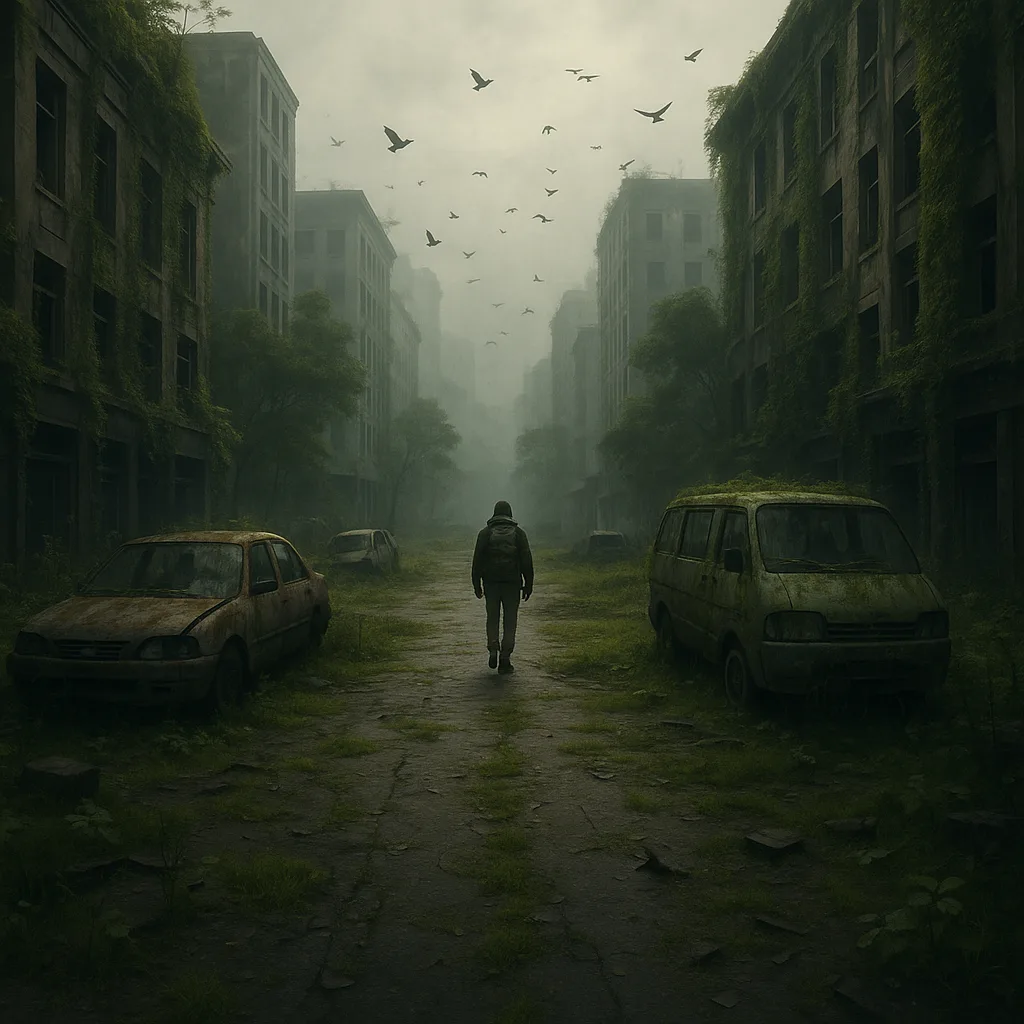 Deserted City Street Overgrown with Vegetation