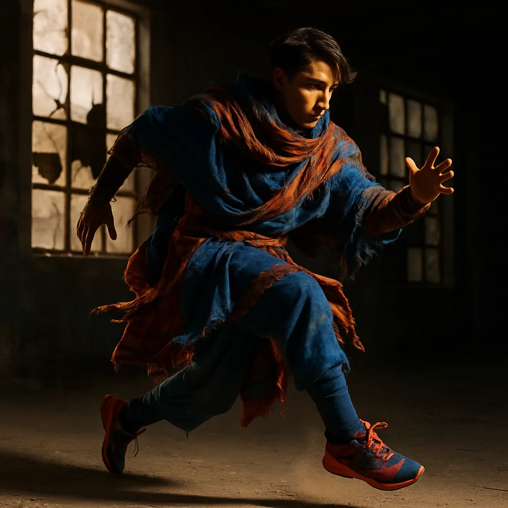 Artistic Individual with a Deep Side-parted Hairstyle Is Captured Mid-leap