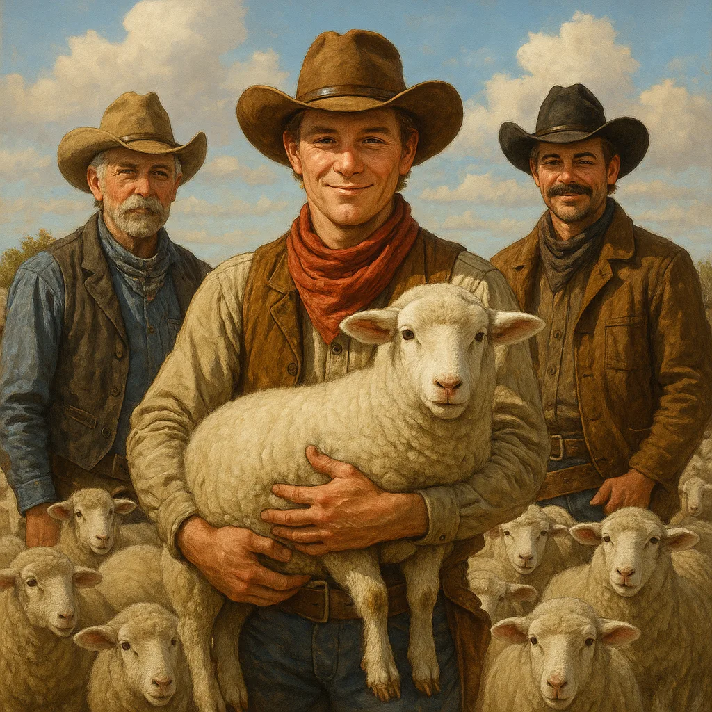 Three Characters in Cowboy Attire Are Surrounded by Sheep