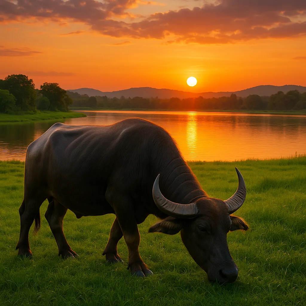 Regal Water Buffalo Feeding in a Vibrant Emerald Field