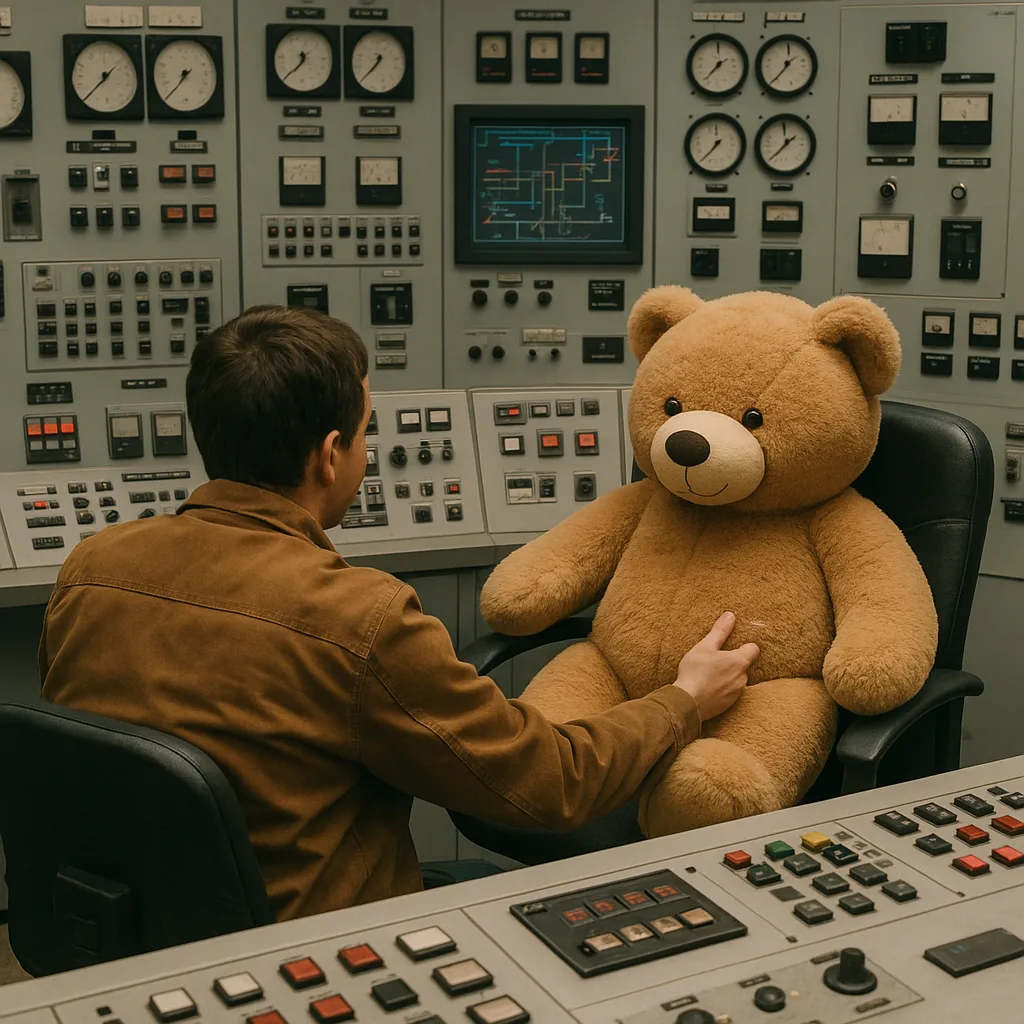 Person in a Brown Jacket Sits in a Control Room
