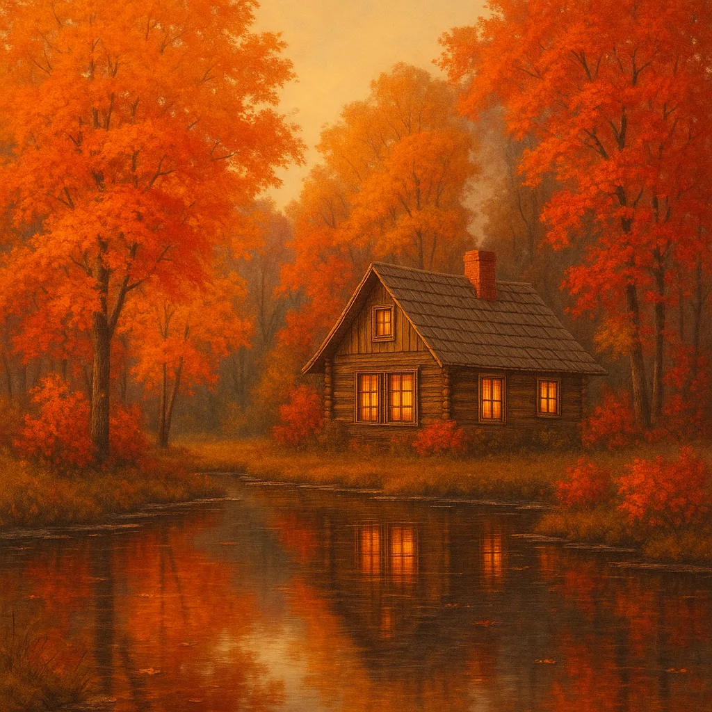 Depict a Tranquil Autumn Scene Showcasing a Quaint Cabin